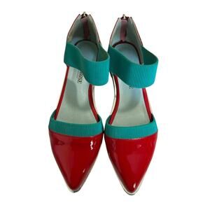 JADY ROSE Red Pointed Patent Leather Ankle Strap Flat Shoes Sandals 245 US 7.5